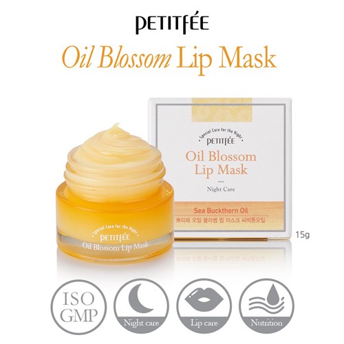 Petitfee Ночная маска для губ с витамином Е и маслом облепихи Oil Blossom Lip Mask (Sea Buckthorn Oil) 15 гр